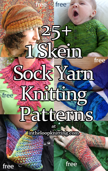 One Skein Sock Yarn Knitting Patterns. Love sock yarn but not knitting socks? Here are knitting patterns for shawls, hats, mitts, and more using one skein of sock yarn. Most patterns are free. Updated 12/6/22