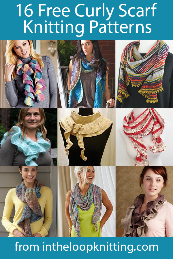 Free knitting patterns for curlicue and spiral scarves knit with regular yarn creating twists and curves with stitches like short rows and lace.  Many of the patterns are free.