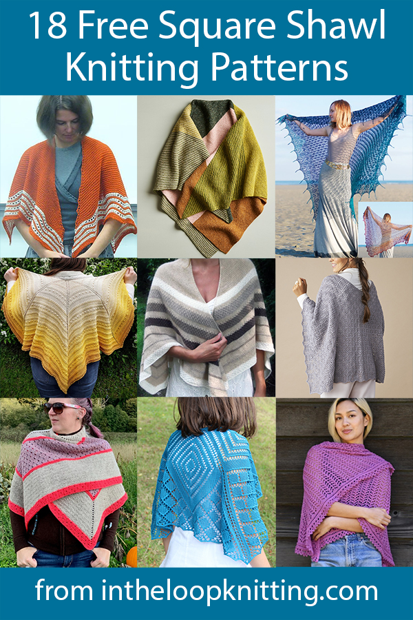 Free knitting patterns for square shaped shawls including squares with at opening at one corner to wrap securely around shoulders, versatile full squares that can also be folded into triangles or used as blankets, and three-quarter square shawls. Most patterns are free.