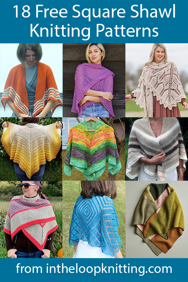 Free knitting patterns for square shaped shawls including squares with at opening at one corner to wrap securely around shoulders, versatile full squares that can also be folded into triangles or used as blankets, and three-quarter square shawls. Most patterns are free.
