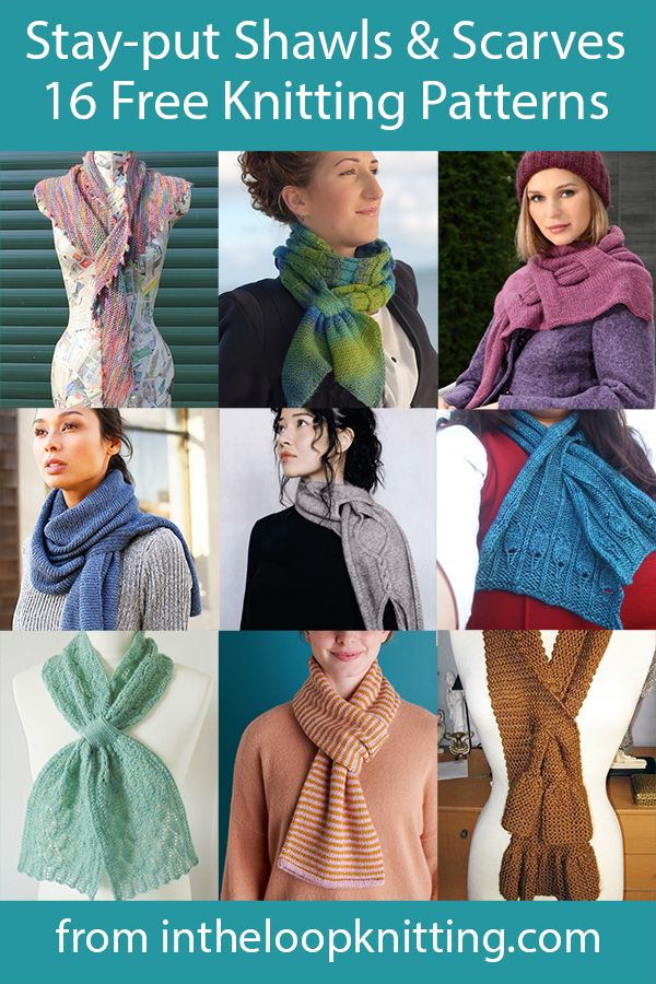 Free knitting patterns for scarves and shawls with openings that keep them in place. Most of the patterns are free.
