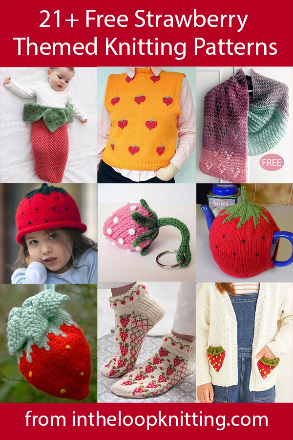 Free knitting Patterns for strawberry inspired women's clothes, baby sweaters, blankets, purses, toys, home decor, and more. Updated 6/19/23.