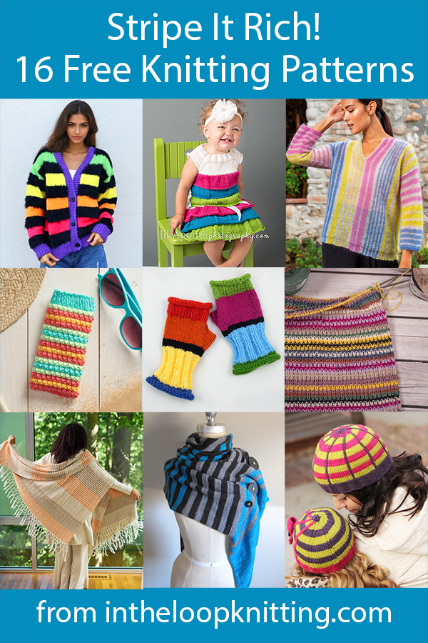 Knitting patterns for sweaters, blankets, shawls, and more knit with stripes, including de-stash and easy patterns. Many of the patterns are free. 