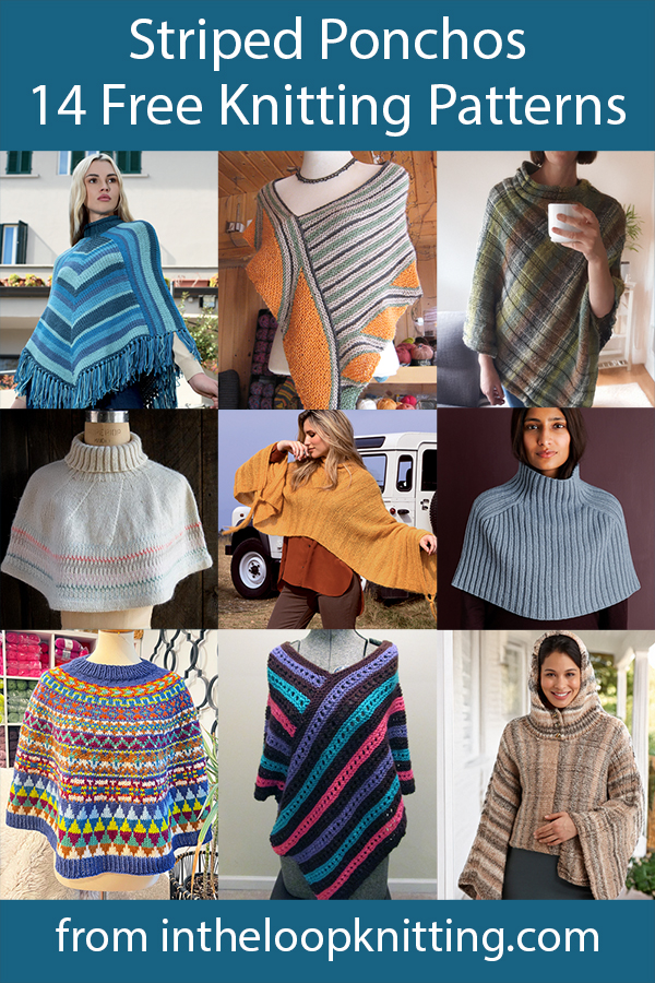 Free knitting patterns for stylish ponchos with stripes of color and texture including  stash busters, beginner level, and easy patterns, and more. Many of the patterns are free.