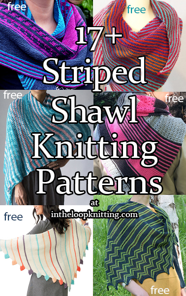 Knitting patterns for colorful shawls with stripes in garter stitch, stockinette, or other basic stitches. Most patterns are free.