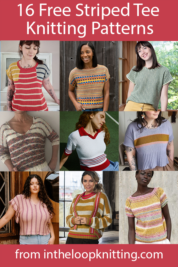 Knitting patterns for tees and tops knit with stripes of color or texture. Many of the patterns are free.