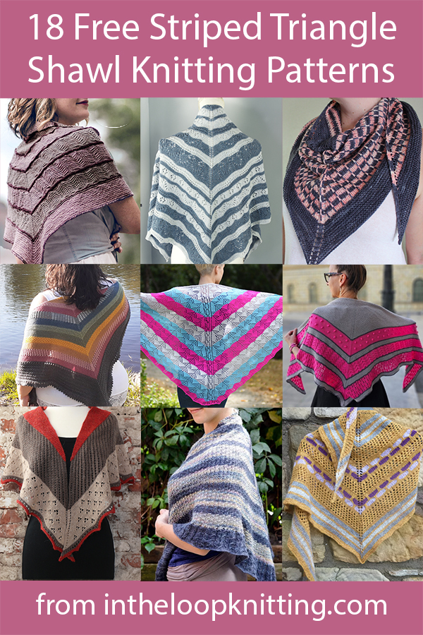 Free knitting patterns for striped triangle shawls. 