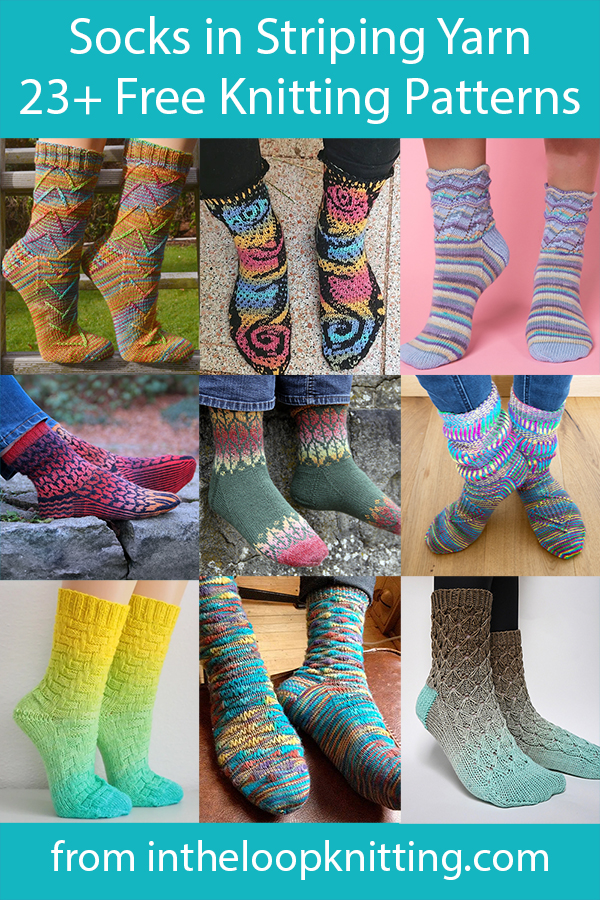 Knitting patterns for colorful socks with designs that showcase self-striping yarn. Most patterns are free.