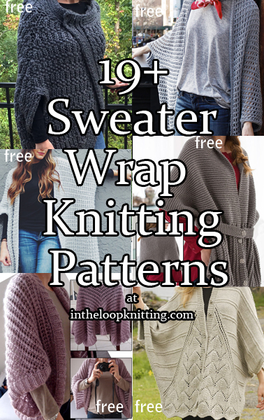 Sweater Wrap Knitting Patterns. Outwerwear that I think will be comfortable, easy and quick to take on and off with loose or no sleeves to rub against skin or clothes. I’ve included ruanas, cocoon cardigans, loose shrugs, ponchos with sleeves and other unstructured cardigans. Most patterns are free.