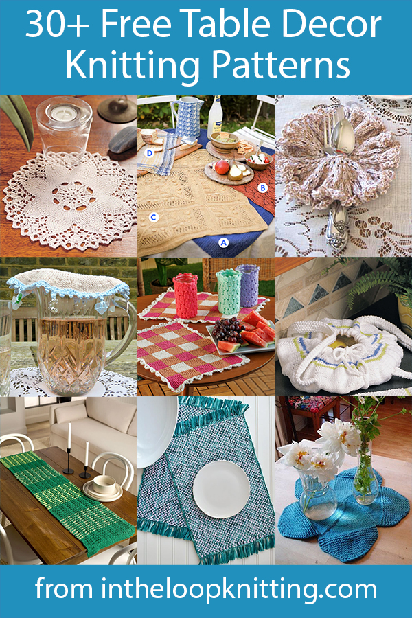 Table Decor Knitting Patterns. Table decoration knitting patterns including placemats, table runners, napkin rings, coasters and more. Great for gifts or for that special event! Most patterns are free.