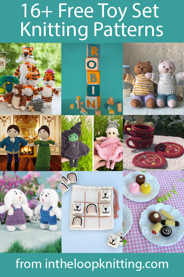  Toy Set Knitting Patterns. Free knitting pattern sets of dolls, animal stuffies, and other toys.
