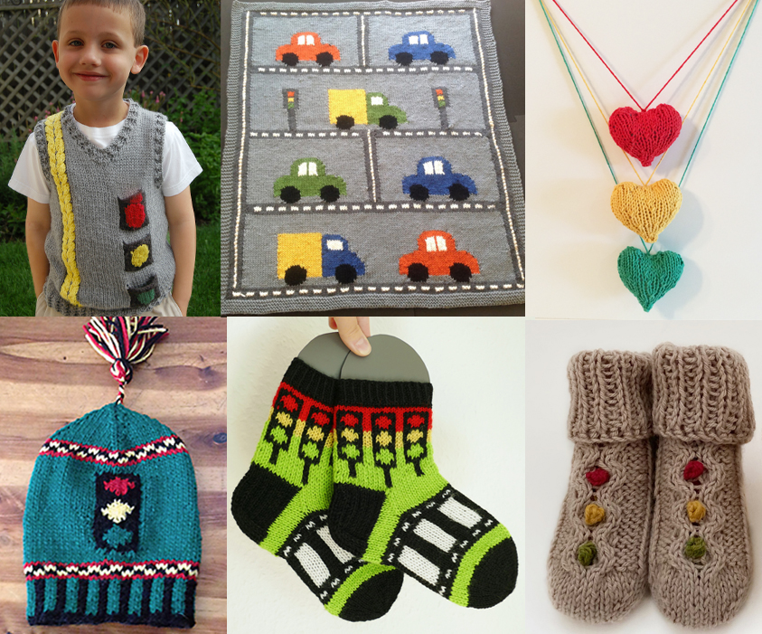 Knitting patterns inspired by traffic signals and traffic patterns. Most patterns are free.