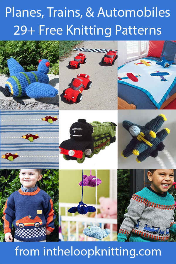 Transportation Knitting Patterns. Knitting patterns featuring cars, trains, planes, trucks, submarines, blimps, and other vehicles. Also projects for use in traveling. Most patterns are free.