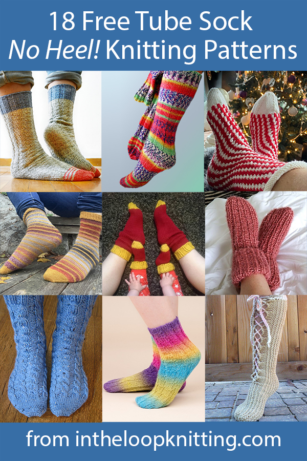 Tube Sock Knitting Patterns. Want to try knitting socks but not ready for complex heel techniques? These sock knitting patterns are knit without heel turns and many use easy techniques to sure a fit without heels. Most patterns are free.