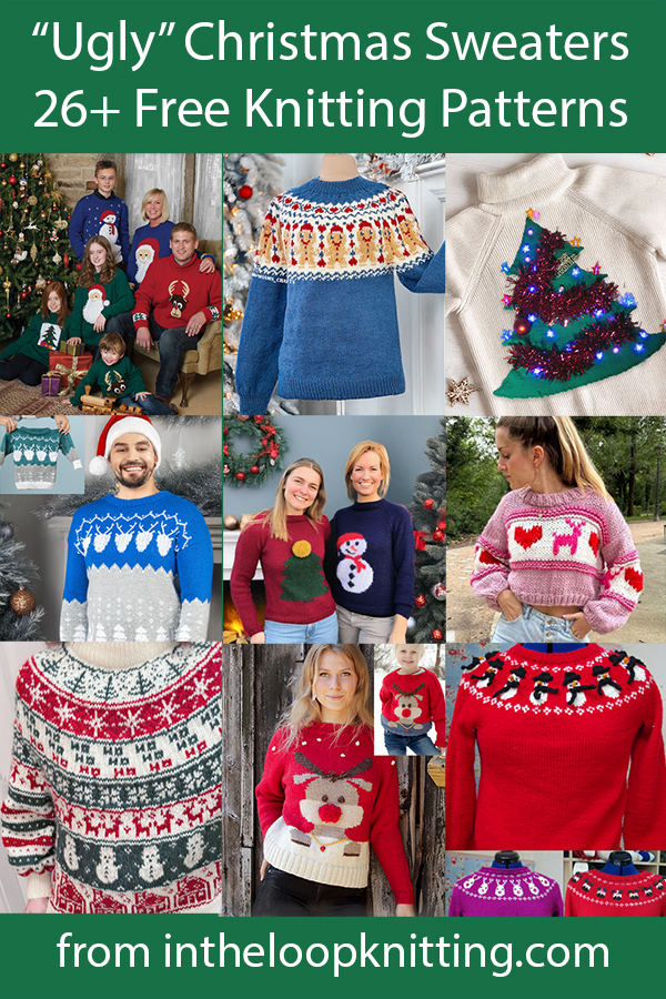 Free knitting patterns for Christmas sweaters, hats, socks, and more for Christmas holidays.