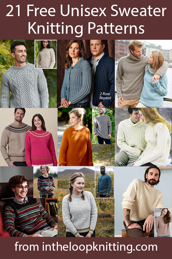 Matching sweater pullover and cardigan free knitting patterns that can be worn by women or men. Most patterns are free.
