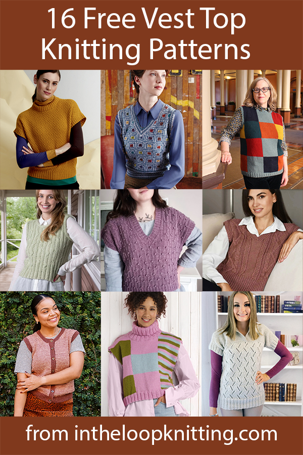 Free knitting patterns for sleeveless sweaters that can be layered as vests or worn alone as tops. Most patterns are free.