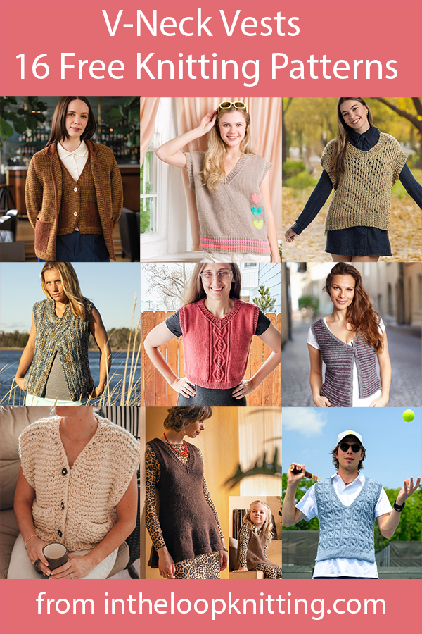 Free knitting patterns for pullover and cardigan vests with v-necks. Many of the patterns are free