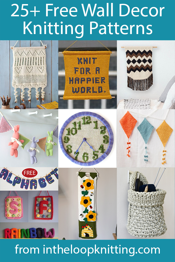 Free knitting patterns for wall hangings, banners, clocks, wreaths, bunting, garlands, pictures, pennants, flags, tapestries, signs, and more. Most are free.