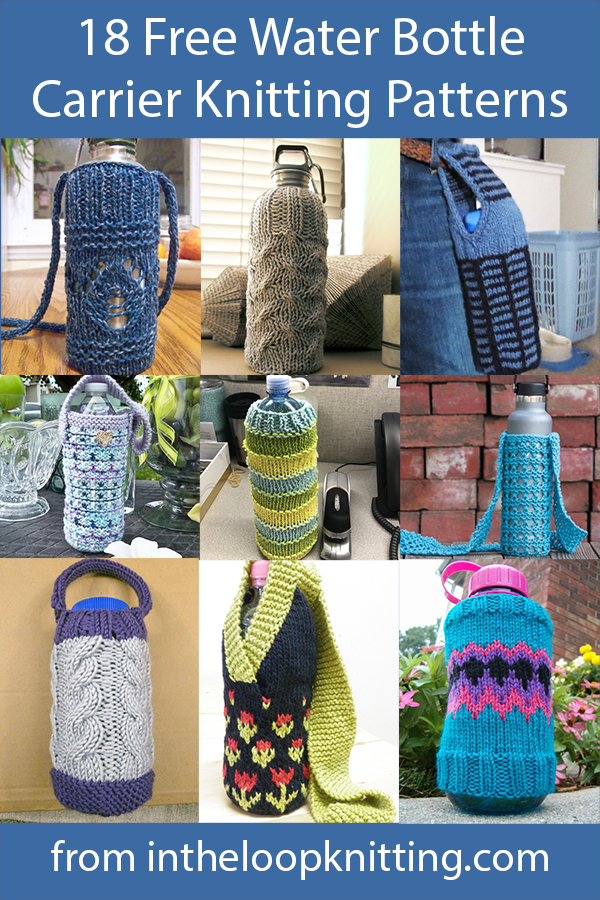 Free knitting patterns for slings, carriers, holders, and covers for water bottles.