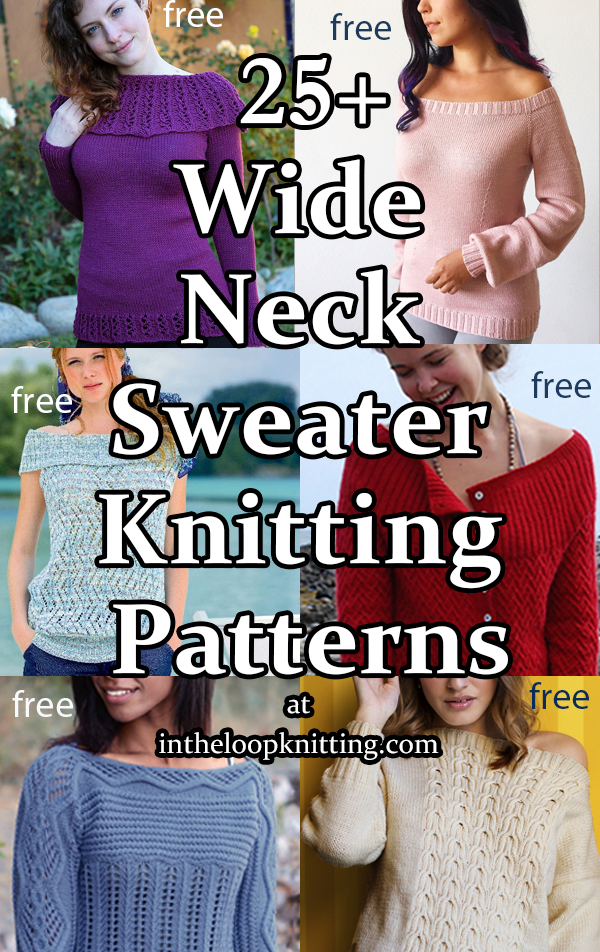 Knitting patterns for sweaters with wide necklines and off the shoulder styles. Most patterns are free.