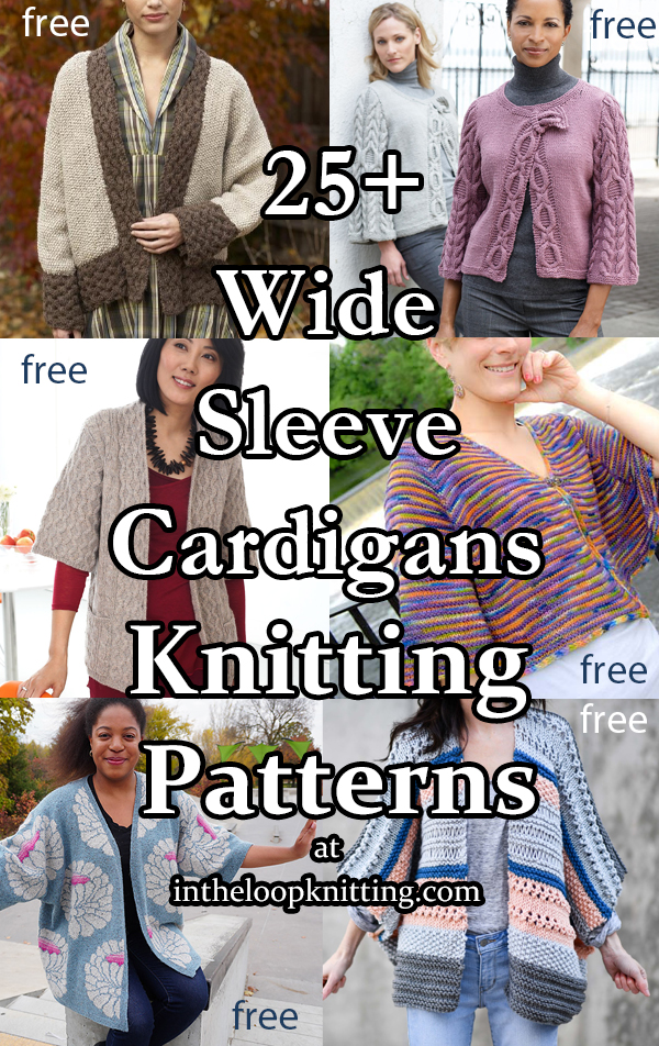 Cardigan Knitting patterns for cardigans with wide and flared sleeves such as kimono, bell, and other sleeve styles. Most patterns are free.