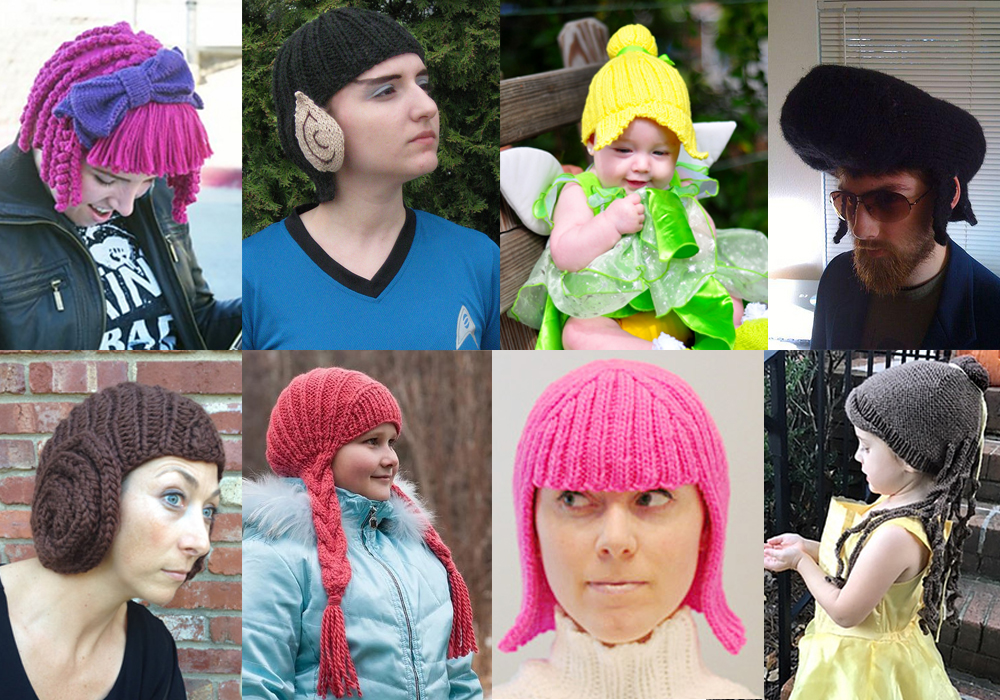 Free knitting patterns for fun hats designed to look like hair including famous characters. Most patterns are free.