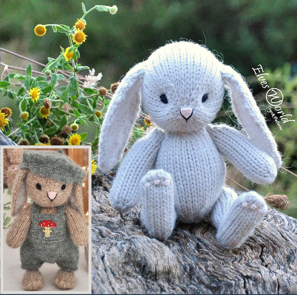 Baby Bunny Toy and Bunny Outfit Dungarees and Beret Knitting Pattern Toy Knit Flat
