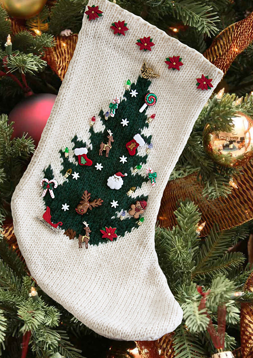 Free Knitting Pattern for O Christmas Tree Stocking with Christmas Buttons