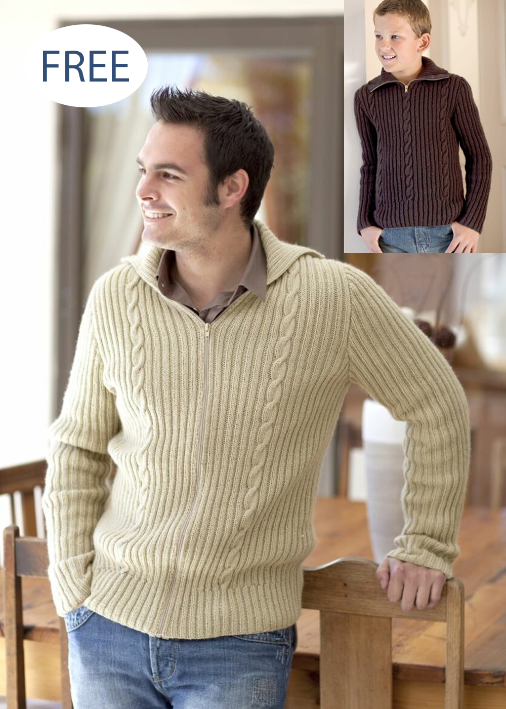 Free Sweater Knitting Pattern 6957 Rib And Cable Sweaters in Child and Adult Sizes