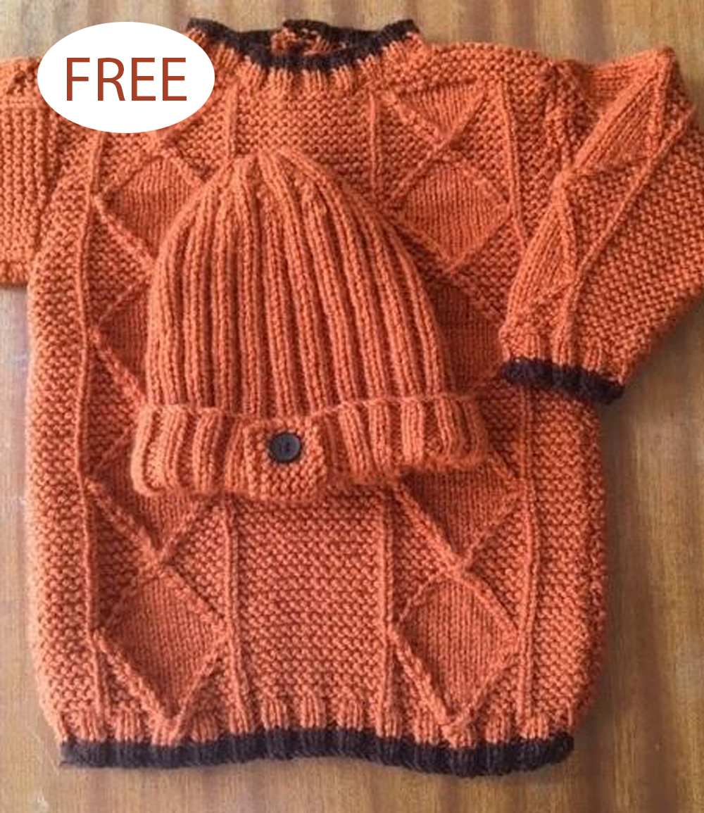Free Knitting Pattern CY1404 Childs Aran Sweater and Hat