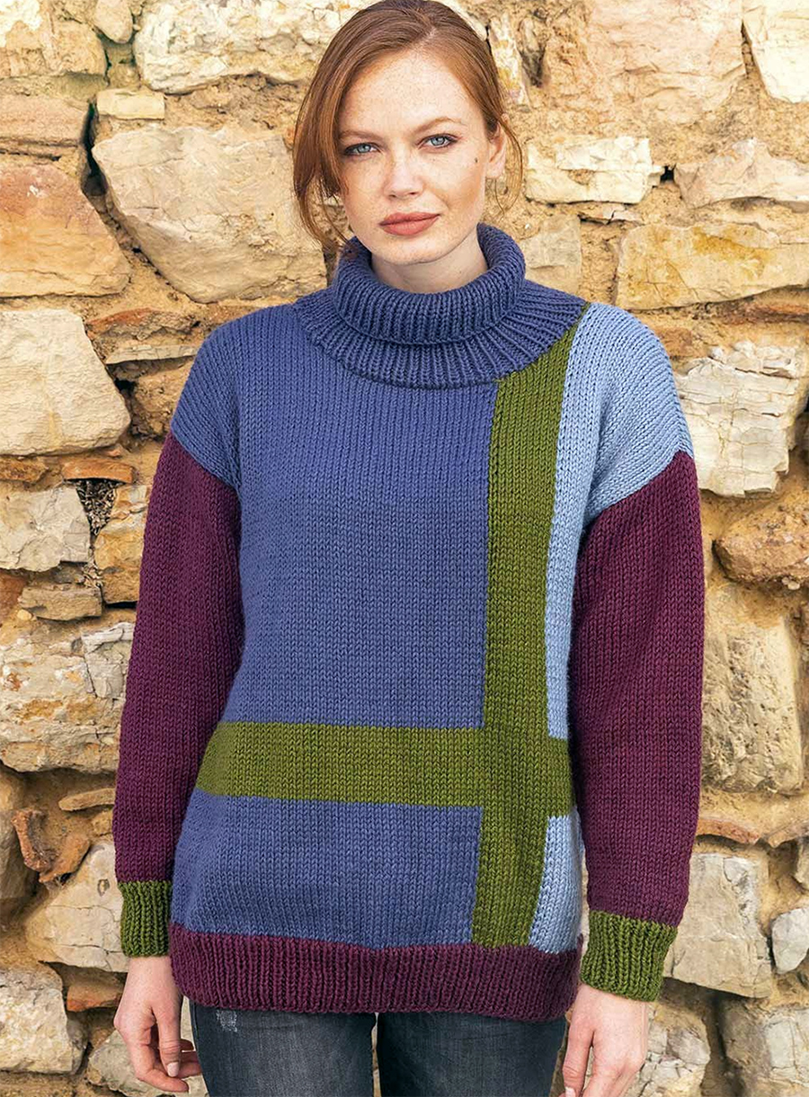 Free Knitting Pattern High Neck Intarsia Sweater Asymmetric Sweater