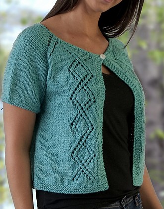 Free knitting pattern for top down summer lace cardigan with diamond lace and short sleeves