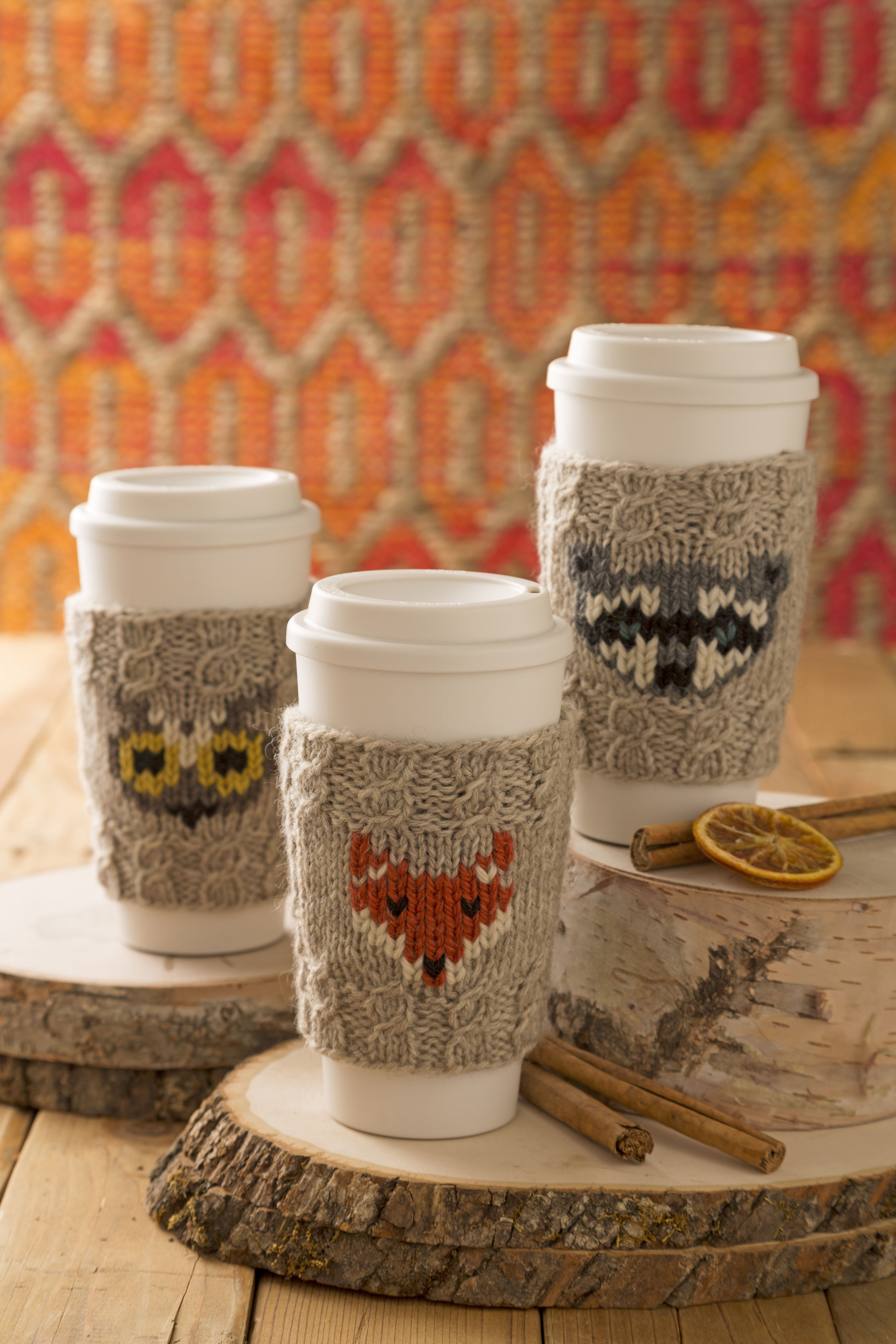 Free knitting pattern for Forest Folk Cup Cozies and more wild animal knitting patterns