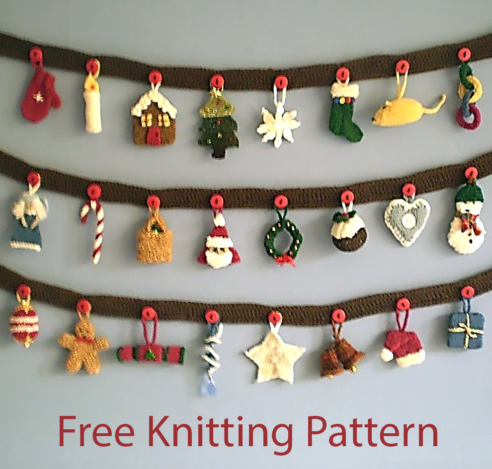 Free knitting patterns for Advent Garland by Frankie Brown and more holiday decoration knitting patterns