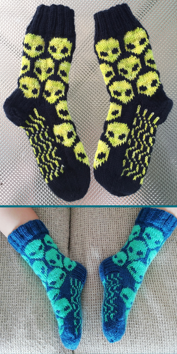 Free Knitting Pattern for Alien Superhero Socks in 5 Sizes