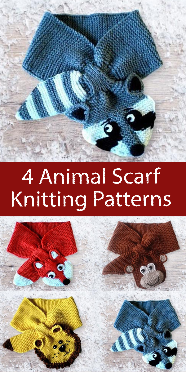 Animal Scarf Knitting Patterns Fox, Monkey, Racoon, and Lion