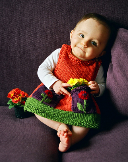 Free knitting pattern for Anouk Dress pinafore for baby or toddler