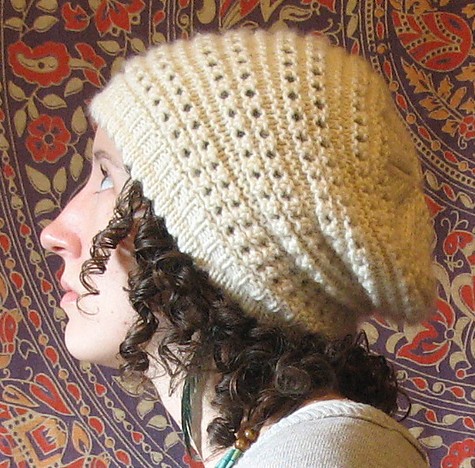 Free knitting pattern for Antelope Slouch Hat slouchy beanie featuring picot brim and eyelets