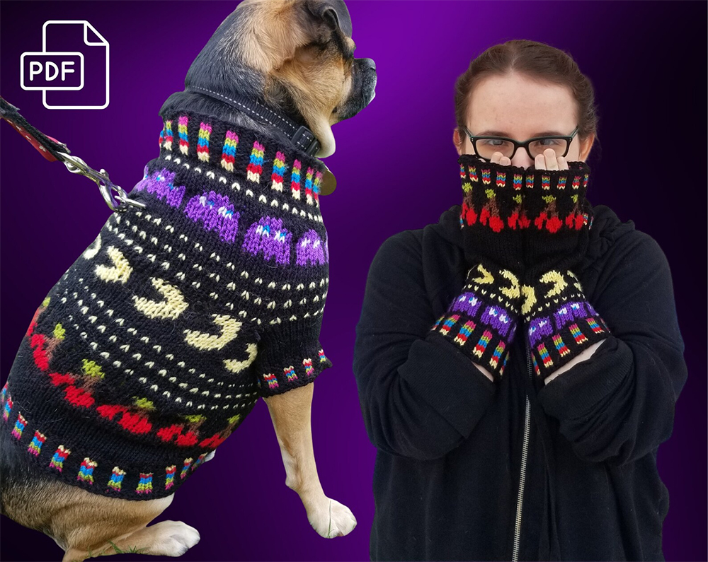 Knitting Pattern Arcade Nights Dog Sweater and Fingerless Mitts