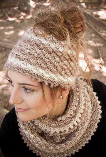 Knitting Pattern for Autumn Dust Messy Bun Hat & Cowl