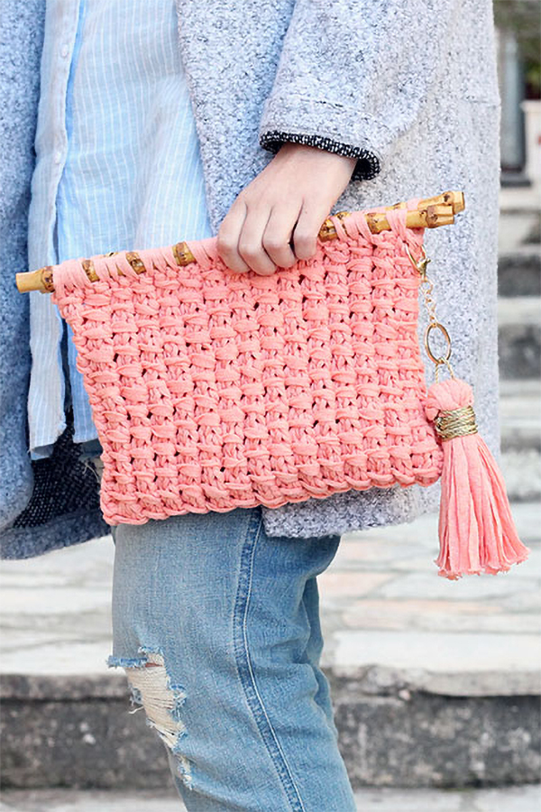 Free Knitting Pattern for 2 Row Repeat Bamboo Stitch Clutch Bag