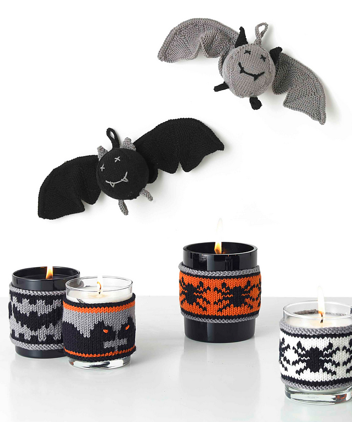 Free Knitting Patterns for Bat Toy and Halloween Candle Cozies