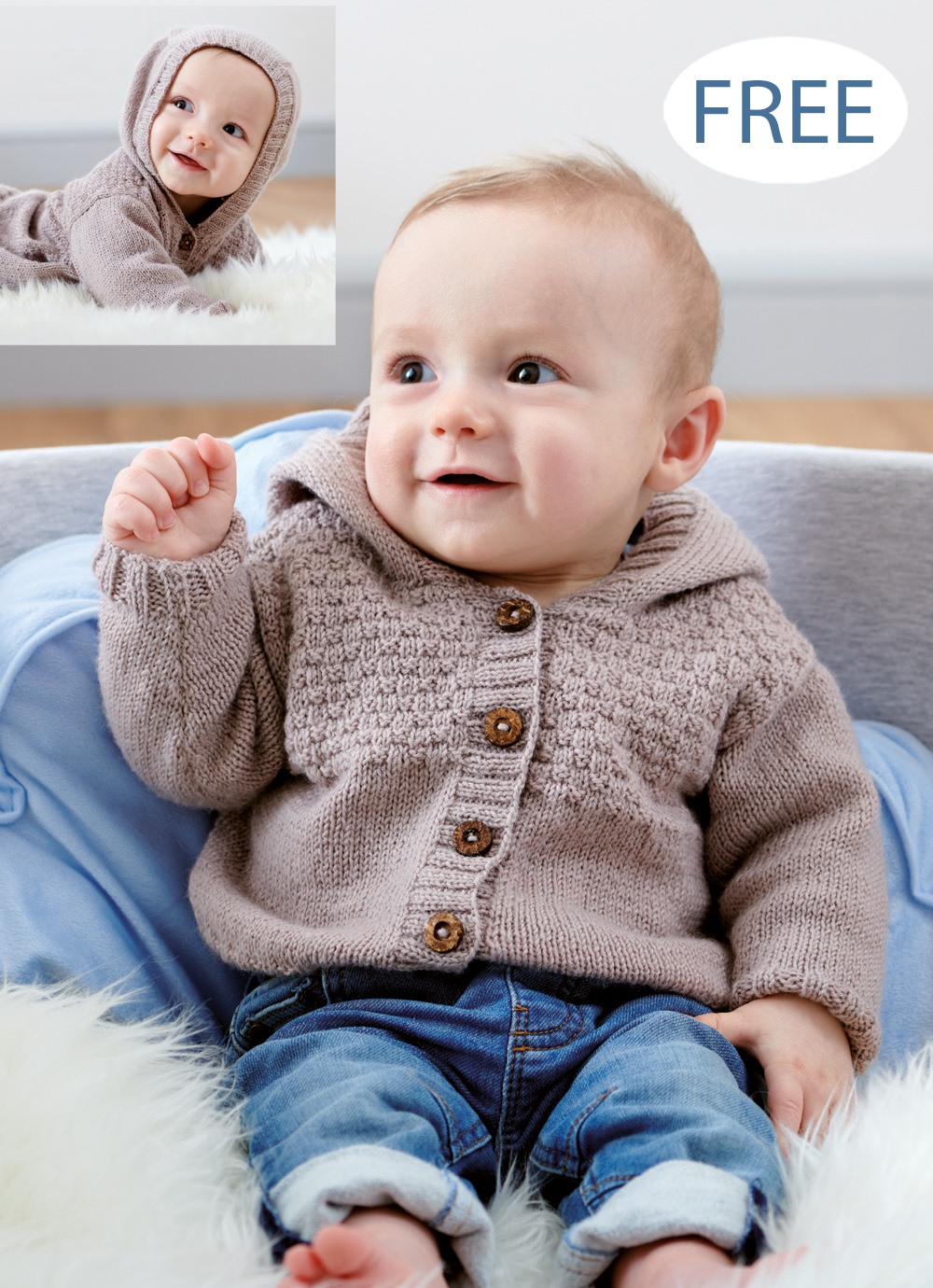 Free Knitting Pattern for Baby Bear Cub Hooded Jacket Sizes Newborn to 18 months