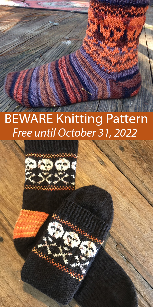 BEWARE Halloweeen Socks Knitting Pattern Free until October 31, 2022