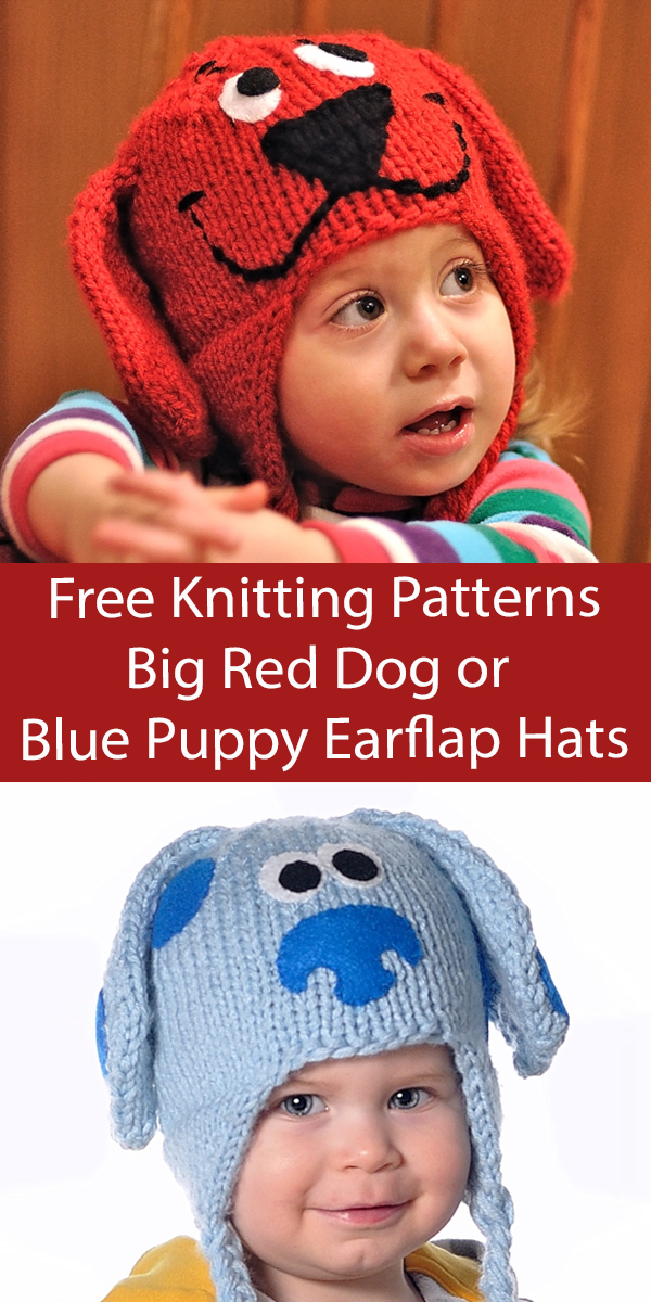Free Earflap Hats Knitting Pattern Big Red Dog and Blue Puppy Earflap Hats