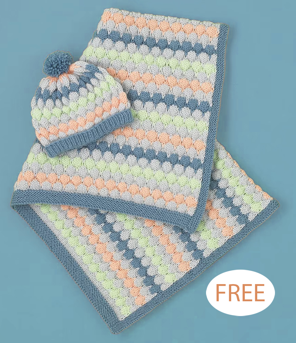 Bobo Bubble Stitch Blanket and Beanie Free Knitting Pattern