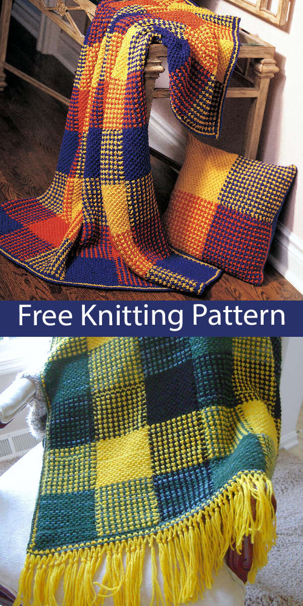 Free Blanket Knitting Pattern Boldly Colored Plaid Afghan and Pillow
