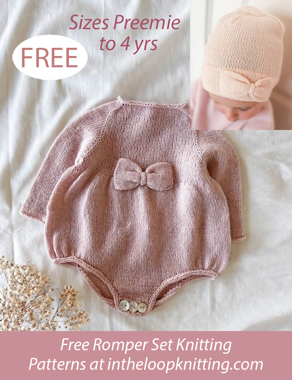 Free Bow Baby Romper and Beanie Knitting Pattern 