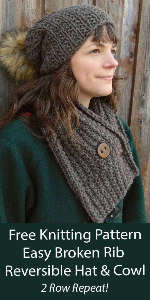 Free Easy Hat and Cowl Knitting Pattern Broken Rib Reversible Hat & Cowl